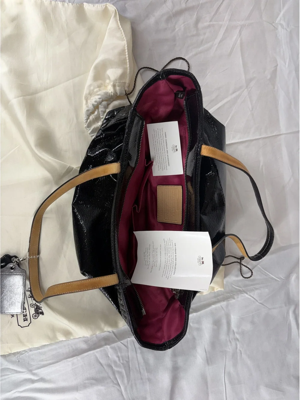 Coach Black Poppy Daisy Liquid Gloss Bag with Pink Lining. Dust Bag And Tags